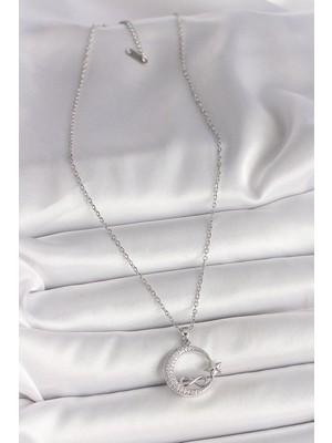 Zarif Kadın Için Silver Çelik Zincir Zirkonlu Ay Yıldız Sonsuz Kolye