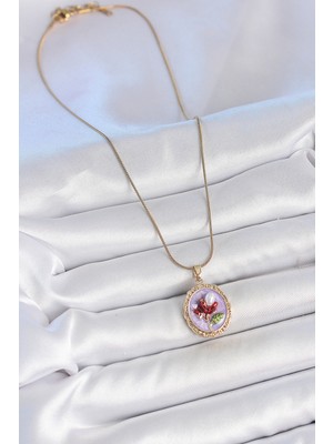 Zarif Kadın Için Golden Çelik Zincir Mor Mineli Inci Çiçek Portre Kolye