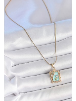 Zarif Kadın Için Golden Çelik Mavi Mine Çiçek Zirkon Kelebek Portre Kolye