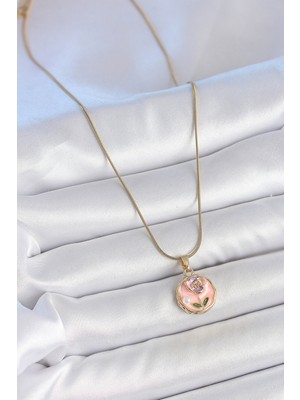 Zarif Kadın Için Golden Çelik Zincir Pembe Mini Çiçek Inci Portre Kolye