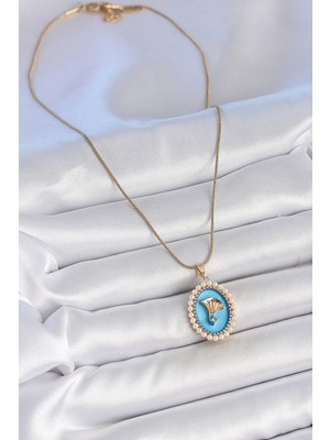 Zarif Kadın Için Golden Çelik Mavi Mine Inci Zirkonlu Çiçekli Portre Kolye