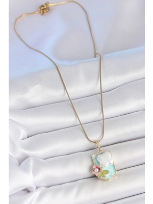 Zarif Kadın Için Golden Çelik Zincir Mavi Mineli Incili Çiçek Portre Kolye