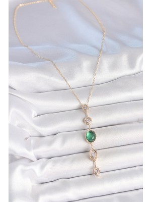 Zarif Kadın Için Golden Pirinç Zincir Zümrüt Yeşil Zirkonlu Y Kolye
