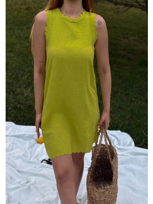 Melenza Kadın Keten Kumaş Kolsuz Mini Boy Elbise