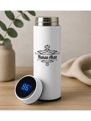 Bk Gift Kişiye Özel Isimli Filtreli Dijital Göstergeli Beyaz Çelik Termos-6