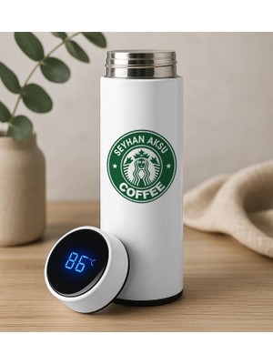 Bk Gift Kişiye Özel Isimli Coffee Tasarımlı Filtreli Dijital Göstergeli Beyaz Çelik Termos-8