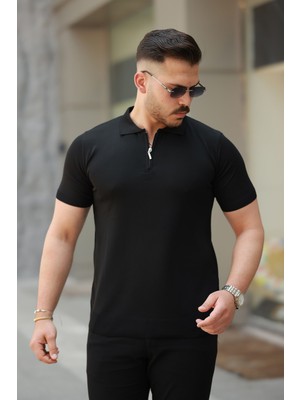 Erkek Fermuarlı Polo Yaka Slim Fit Triko T-Shirt