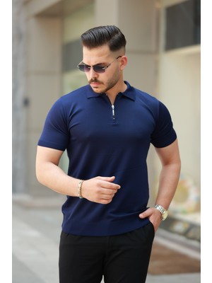 Erkek Fermuarlı Polo Yaka Slim Fit Triko T-Shirt