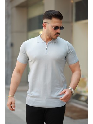 Erkek Fermuarlı Polo Yaka Slim Fit Triko T-Shirt