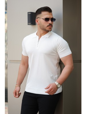 Erkek Fermuarlı Polo Yaka Slim Fit Triko T-Shirt