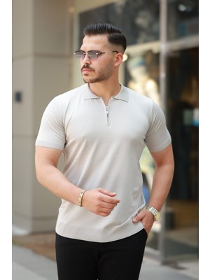 Erkek Fermuarlı Polo Yaka Slim Fit Triko T-Shirt