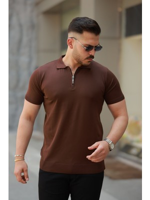 Erkek Fermuarlı Polo Yaka Slim Fit Triko T-Shirt