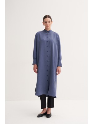 Zesyna İndigo Rahat Kalıp Düğme Kapamalı Modal Çizgili Gömlek Elbise