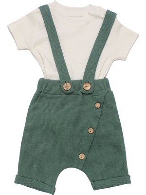 Erkek Bebek Yeşil Waffle Kumaş Beyaz Tişörtlü Salopetli Tulum Takım