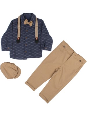 Erkek Bebek Laci Kahve Puanlı Papyonlu Şapkalı Gömlek Takım