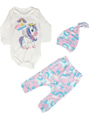 Kız Bebek Beyaz Pembe Unicorn Desenli Zıbın 3'lü Takım
