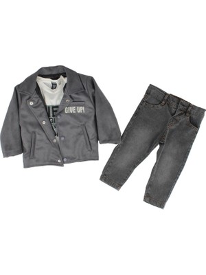 Erkek Çocuk Gri Süet Ceketli Kot Pantolonlu Lüx 3'lü Takım