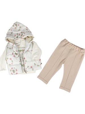 Kız Bebek Ekru Kahve Çiçek Desenli Şişme Yelekli 3'lü Takım