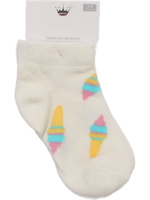 Kız Bebek Beyaz Dondurma Desenli Kısa Çorap 3-4 Yaş