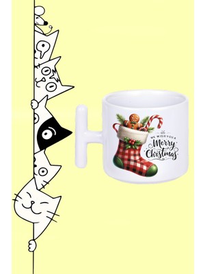 Yılbaşı Çorap Kurabiye Şeker Yeni Yıl Tasarım Baskılı Beyaz T Sap Kupa Bardak