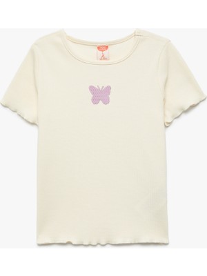 Koton Kelebek Nakışlı Pamuklu Kısa Kollu Bisiklet Yaka Tişört