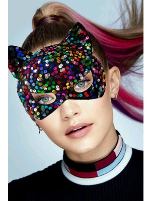 ForWhat  Parti Kostümü İçin 16  x  14 cm Siyah Kadife Kumaş Renkli Payet Pullu Maske