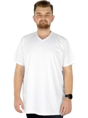 ModeXL Büyük Beden Beyaz Erkek T-Shirt V Yaka Basic Oversize 20032 Dokuma Kumaş
