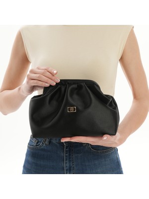 BSR Luisant Kadın Saten Clutch Portföy Günlük ve Abiye Büzgü Detaylı Askılı El ve Omuz Çanta