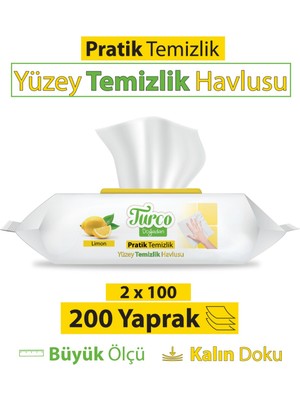 Turco Doğadan Pratik Yüzey Temizlik Havlusu Limon 2X100 (200 Yaprak)