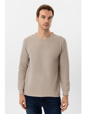 Bej Slim Fit Armürlü Bisiklet Yaka Triko Kazak