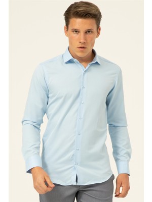 Buz Mavi Slim Fit Armürlü Klasik Yaka Gömlek