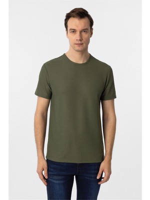 Süvari Koyu Haki Slim Fit Armürlü Bisiklet Yaka Tişört