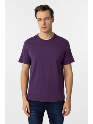 Süvari Koyu Lila Regular Düz Bisiklet Yaka Tişört