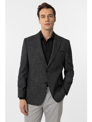 Siyah Regular Fit Desenli Mono Yaka 4 Drop Ceket