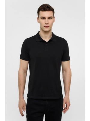 Süvari Siyah Slim Düz Polo Yaka Tişört