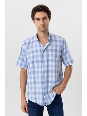 Buz Mavi Regular Fit Düz Düğmeli Yaka Kısa Kollu Gömlek