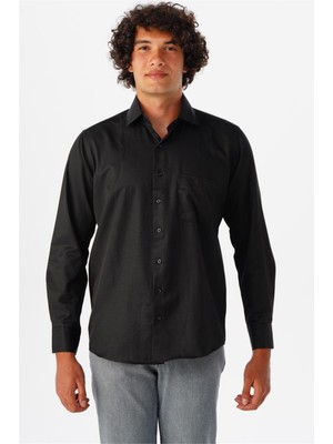 Siyah Regular Armürlü Klasik Yaka Gömlek