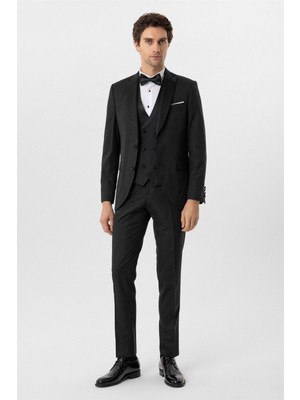 Siyah Slim Fit Armürlü Sivri Yaka 6 Drop Smokin & Damatlık