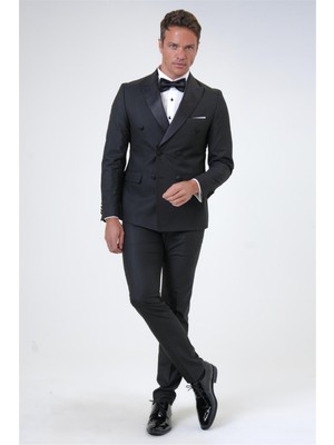 Siyah Slim Fit Düz Kruvaze Yaka 6 Drop Smokin & Damatlık