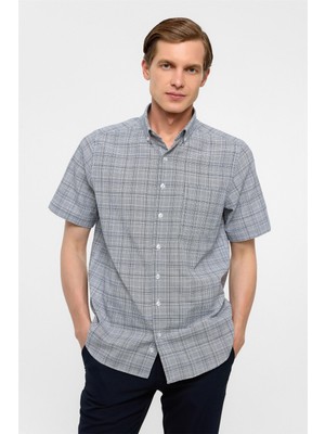 Lacivert Regular Fit Kareli Düğmeli Yaka Gömlek