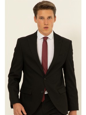 Siyah Slim Fit Armürlü Sivri Yaka 6 Drop Takım Elbise