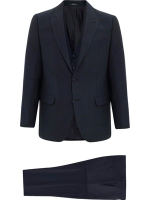 Siyah Regular Armürlü Sivri Yaka 4 Drop Yelekli Klasik Takım Elbise