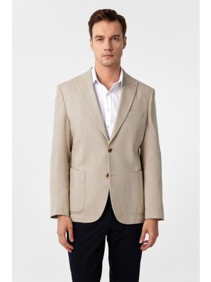Bej Slim Fit Desenli Sivri Yaka 6 Drop Ceket