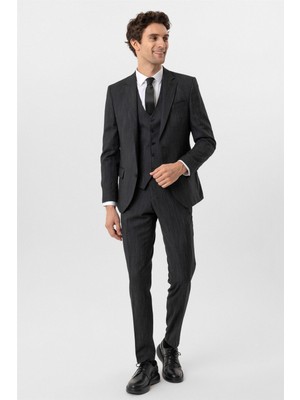 Siyah Slim Fit Desenli Mono Yaka 6 Drop Yelekli Klasik Takım Elbise