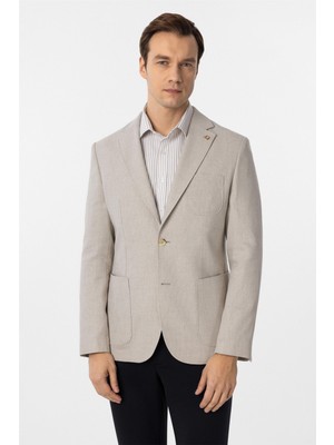 Bej Slim Fit Armürlü Mono Yaka 6 Drop Ceket