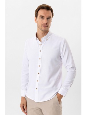 Beyaz Slim Fit Düz Düğmeli Yaka Gömlek