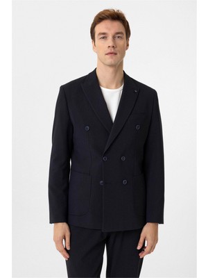 Lacivert Slim Fit Düz Kruvaze Yaka 6 Drop Spor Takım Elbise