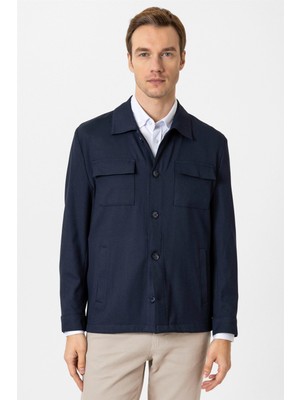 Lacivert Slim Desenli Klasik Yaka Mont