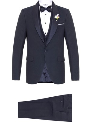 Lacivert Slim Fit Armürlü Mono Yaka 6 Drop Smokin & Damatlık