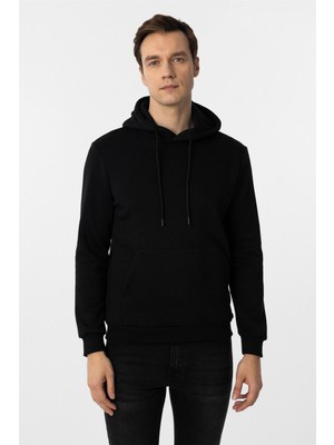 Siyah Regular Düz Kapüşonlu Yaka Sweatshirt